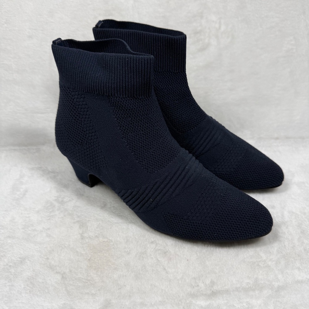 Impo Navy Blue Stretch Knit Sock Bootie Kitten Heel Pointed Toe Memory Foam 7.5
